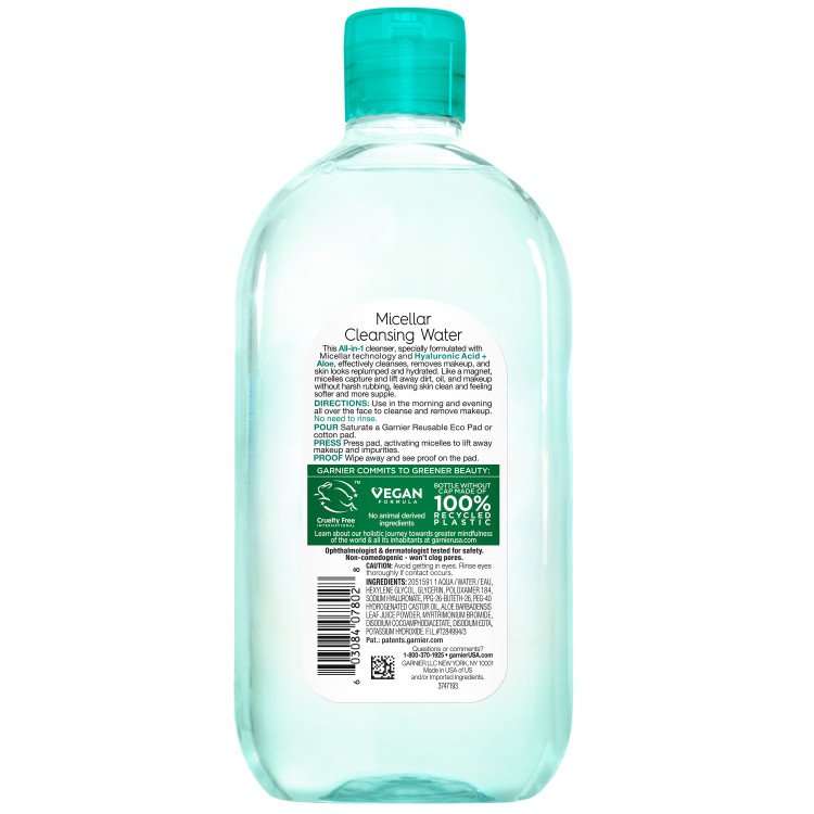 Back of pack of Garnier Micellar Cleansing Water with Hyaluronic Acid + Aloe 700mL